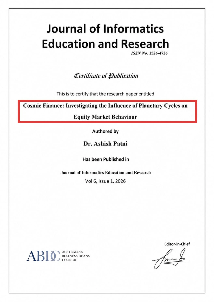 ABDC Indexed Academic Journal Publication Certificate — Cosmic Finance: Investigating the Influence of Planetary Cycles on Equity Market Behaviour