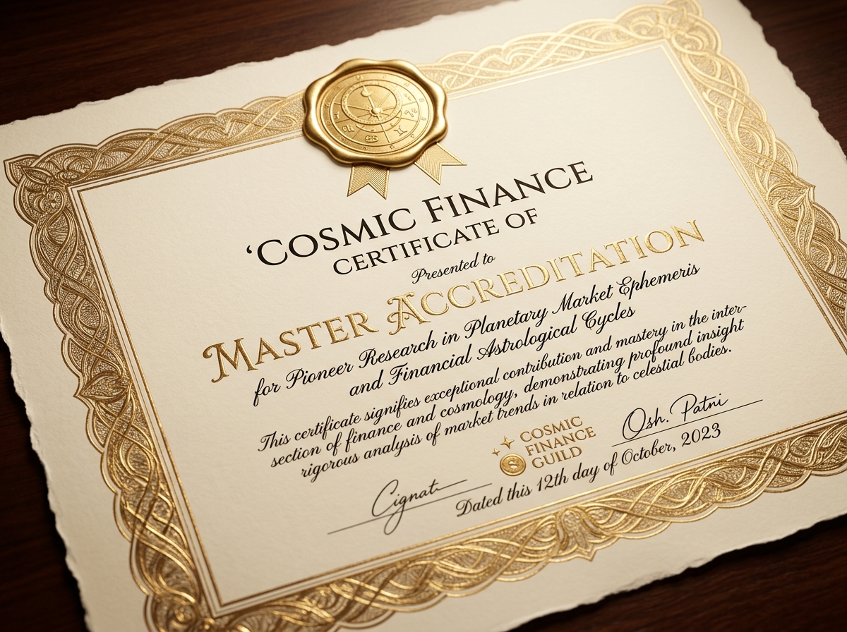 Official Cosmic Finance Certificate of Master Accreditation presented to Dr. Ashish Patni